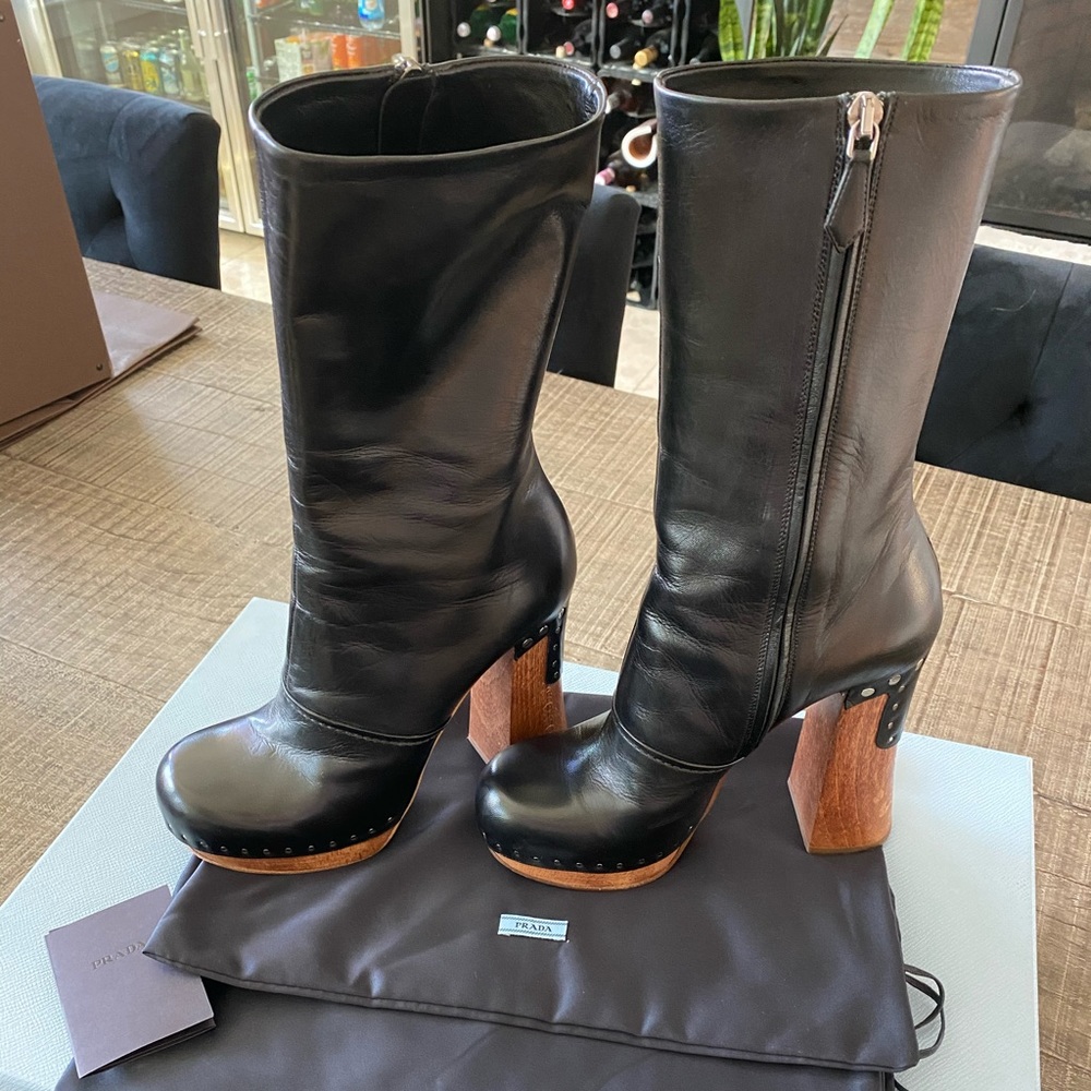 Prada mid calf wooden platform Boots